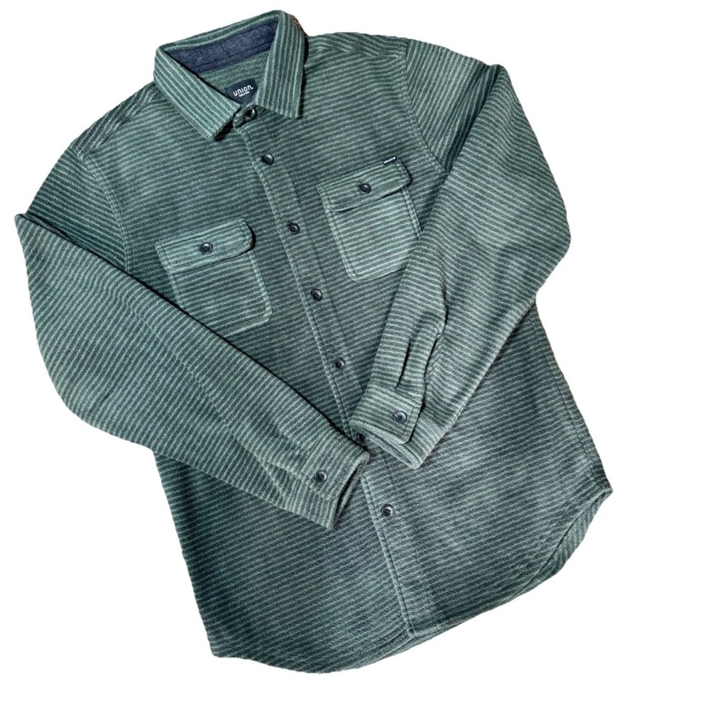 Union Fleece Shacket Shirt Mens S Green Stripe Button Pockets Outdoor Camp NWT